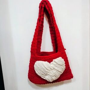 Chenille yarn heart crochet tote bag